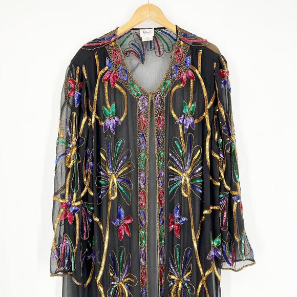 Vintage 1980s Long Sheer Sequin Beaded Duster Coat - Picture 8 of 9